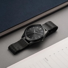 BUREI Men's Watch Analog Quartz Waterproof Wrist Watch Popular Slim Simple Stylish Business Casual Leather Belt Men's Watch, Black, Bracelet Type