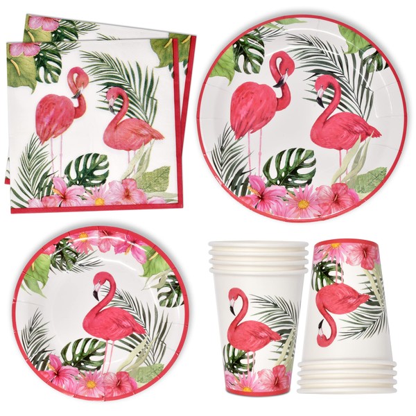 Pink Flamingo Party Supplies Disposable Tableware Set 24 9" Dinner Plates 7" Paper Plate 24 9 Oz Cup 24 Lunch Napkin for Pool Tropical Flamingos Hawaiian Luau Bridal Baby Shower Wedding Birthday Decor