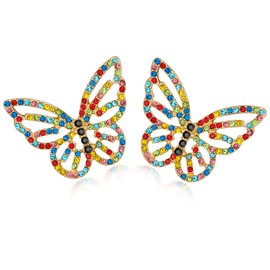 FILMOON Butterfly Gold Earring with Colorful Rhinestone Big Studs for Women Fashion Sparkly Gold Statement Jewelry