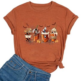 Ykomow Pumpkin Spice Coffee Latte T Shirt Womens Fall Autumn Thanksgiving Graphic Tees (D-Orange, XL)