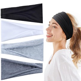 Hexchasty 4pcs Headbands for Women Thick Wide Cloth Fabric Stretchy Headbands for Women Fashion Cute Soft Hair bands for Women' Hair Workout Head bands for Yoga Sports Running Black Grey White
