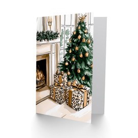 Wee Blue Coo Greeting Card Leopard Print Wrapped Presents Fireplace Tree For Her Woman Xmas Christmas Card
