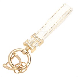 SK CUSTOM White Leather double Bling Rhinestones keychain Fingerprint Resistant Plating Metal Key Chain Ring