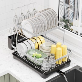 LIYI Dish Drying Rack,Large Dish Rack for Kitchen Counter,2-Tier Dish Racks with draining Tray,Detachable Capacity Dish Drainer Organizer,Black