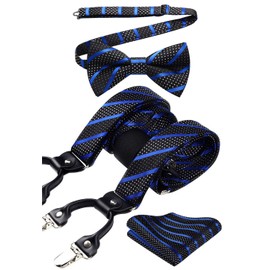 Juego de corbatín y tirantes para hombre, diseño de rayas, 6 clips ajustables en Y, con tirantes cuadrados de bolsillo, para esmoquin, 8-negro / azul, Talla única