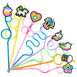 50PCS Rainbow Party Favor Birthday Party Supplies 24PCS Unicorn Reusable Crazy Straws 24PCS Colorful Charms PVC Decorations for Kids Girls Boys Party Favors Gifts with 2 Cleaning Brushes