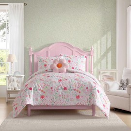 Laura Ashley - Kids Comforter Set, 100% Super Soft Toddler Bedding with Matching Sham & Bonus Decorative Pillow, Ideal Girl Room Essentials (Sunshine Flowers Pink, Twin)