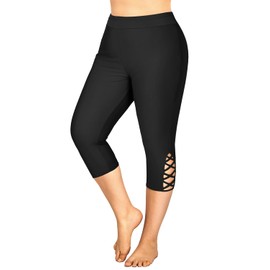 Holipick Black Plus Size Swim Pants for Women Criss Cross Swim Capris High Waisted Swim Leggings UPF 50+ Long Swim Shorts 26W