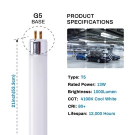 21 Inch F13T5/CW Fluorescent Light Bulb, T5 13 Watts, 4100K Cool White Under Counter Light Bulbs, Replacement Bulb for Under Cabinet Light, G5 Mini Bi-Pin Base - 6 Pack
