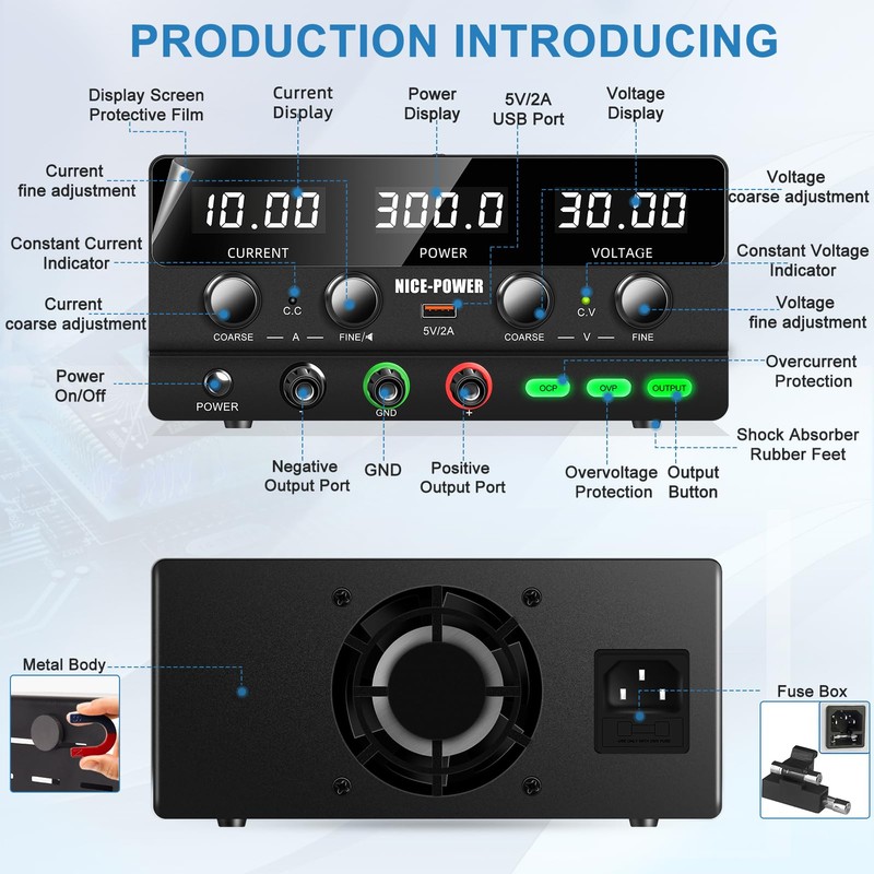 NICE-POWER DC Power Supply Variable 30V 10A, 300W Encoder Adjustable
