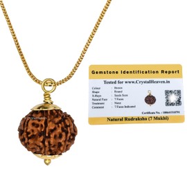 Crystal Heaven Rudraksha Original 7 Mukhi Pendant Necklace for Women Men | Certified Rudraksha with Velvet Pouch (Gold), Gold, Gold