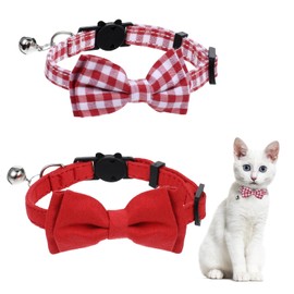 2 Pcs Red Cat Collar for Boy Girl Cats Breakaway Cat Collars with Bell Cute Christmas Kitten Bow Tie Collar Adjustable Small Puppy Safety Collar Solid Color Plaid Pet Collar