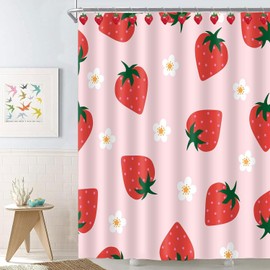 Sylfaen 12 Pcs Strawberry Shower Curtain Hooks, Stainless Steel Rust Resistant Decorative Shower Curtain Rings, Red Curtain Hooks for Living Room Bedroom Bathroom Decor