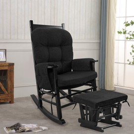 BUYUE Glider Rocker Replacement Cushion 5 PCS with Ties, Linen High-Density Foam Non-Slip & Washable Rocking Chair Pads for Sitting,Black