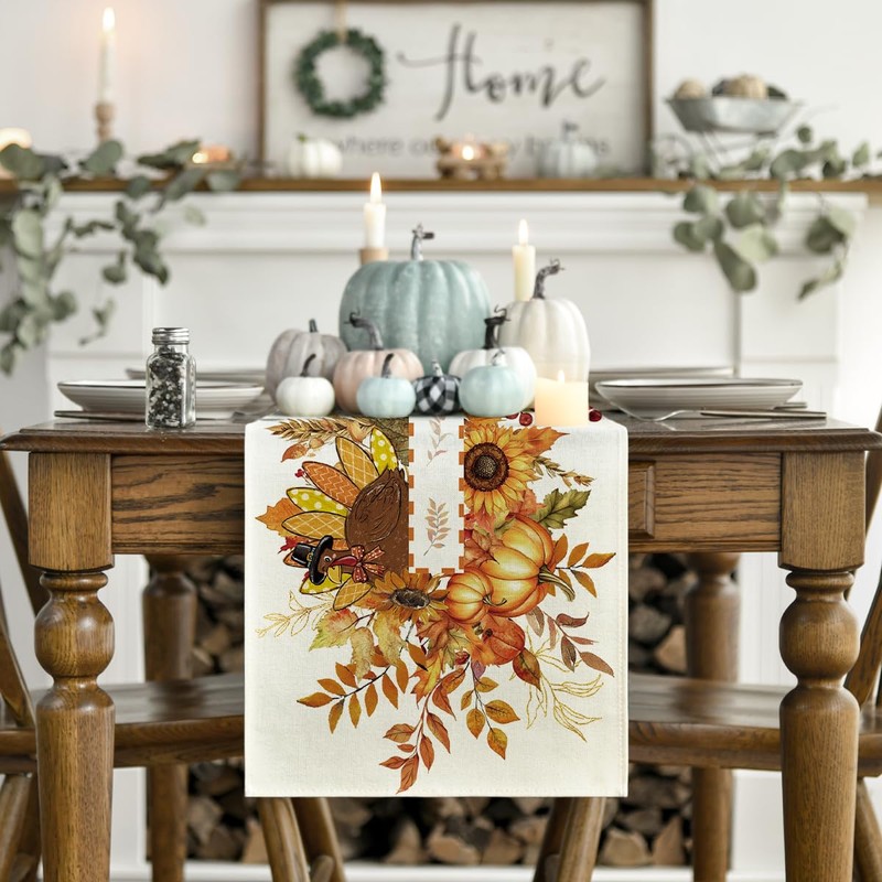 Sunflower Turkey Leaves Thanksgiving Table Runner, Harvest Fall Autumn Kitchen
