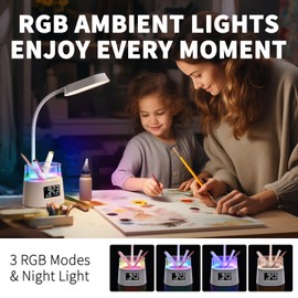 Led Desk Lamp with Pen Holder, Touch Lamps for Nightstand with 3 Color Modes, Eye-Caring Bedside Reading Light with Clock, Office Lamps Stepless Dimming, Lamp for Dorm Room, Suitable for Kid/Girl/Boy