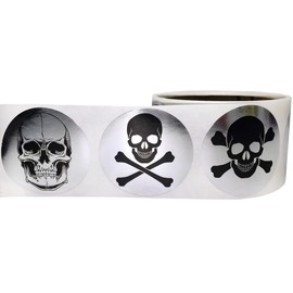 Silver Skull Crossbones 2 Inch Labels 100 Total Stickers on a Roll