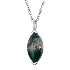 Dainty Marquise Necklace 925 Sterling Silver Natural Moss Agate Solitaire Pendant Jewelry for Women Birthday Gifts (Moss Agate Marquise)