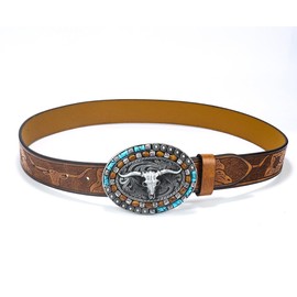 Western PU-Leather Cowboy Cowgirl Buckle Belt for Men Women Jeans - Engraved Floral Longhorn Oval Texas Buckle Belt