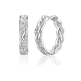 Silver Hoop Earrings for women, Hypoallergenic Silver Twisted Hoops with Cubic Zirconia, Lightweight 14K White Gold Plated Rope Hoop Earrings (15MM)