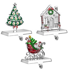 GUOER 3 Pack Christmas Stocking Holder Set for Mantle Christmas Decorations Mantle Fireplace Topper-House, Sleigh and Christmas Tree Hangers Decorative Metal Hanger