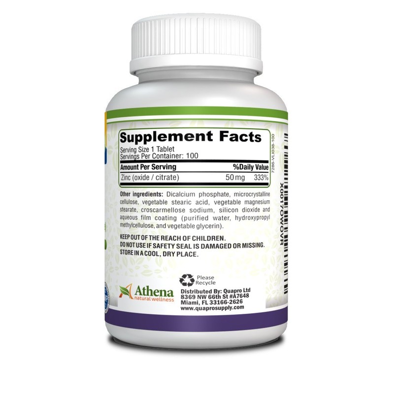 Athena - Zinc Supplement Tablets 50mg - Oxide/Citrate - 100