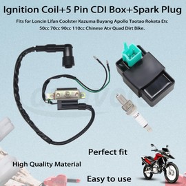 Amavoler Ignition Coil+5 Pin CDI Box+Spark Plug Replacement Parts Fits for Loncin Lifan Coolster Kazuma Buyang Apollo Taotao Roketa Etc 50cc 70cc 90cc 110cc Chinese Atv Quad Dirt Bike.