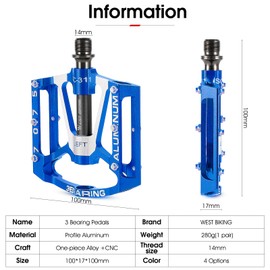 ENJOHOS Bicycle Pedals CNC Aluminium MTB Pedals, 3 Sealed Bearings, Non-Slip CNC Aluminium Bicycle Platform, 9/16 Inch Pedals for Road Bike, MTB, BMX, E-Bike (Blue)