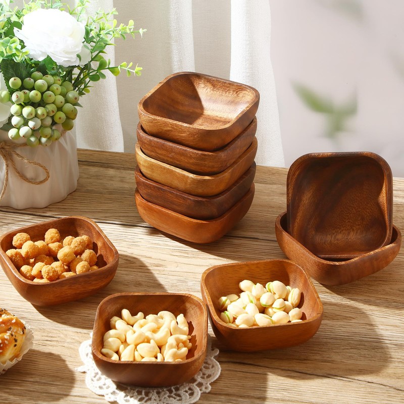 FillTouch 6 Pcs Small Wooden Candy Bowl Square Acacia Serving