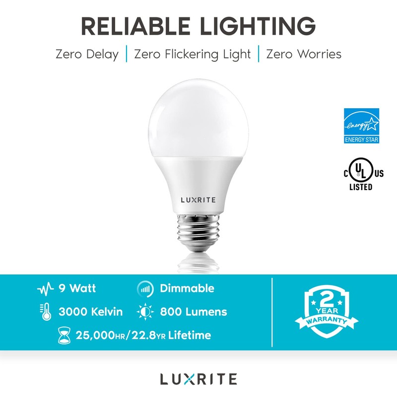 LUXRITE A19 LED Light Bulb 60W Equivalent, 3000K Soft White