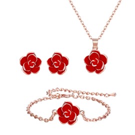EleQueen 14K Rose Gold Plated Red Enamel Rose Flower Necklace Earrings Bracelet Set Hypoallergenic Jewelry Sets Gift for Women
