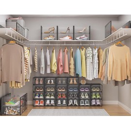 12-Pack Clear Stackable Shoe Storage Bins with Black Frame – Foldable, Space-Saving Closet Organizer