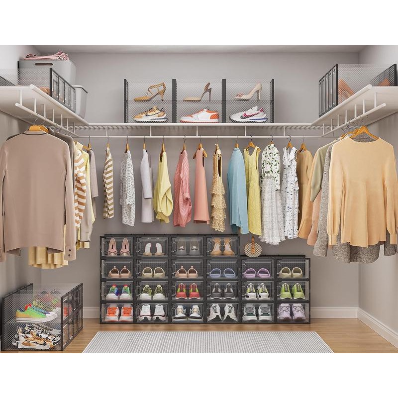 12-Pack Clear Stackable Shoe Storage Bins with Black Frame –