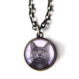 Russian Blue Short-Haired Grey Cat Simple Reversible Pendant Necklace With 18" Chain