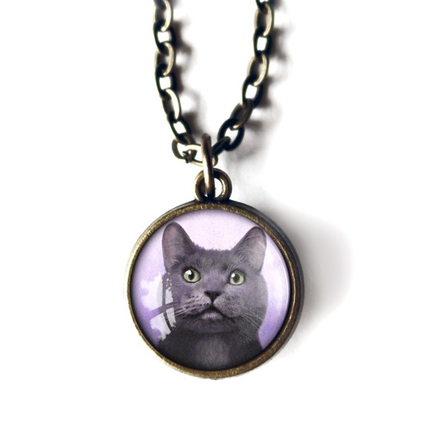 Russian Blue Short-Haired Grey Cat Simple Reversible Pendant Necklace With