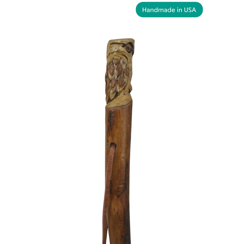 Dark wood Walking Stick with Owl Carving, Hand-Carved - Up