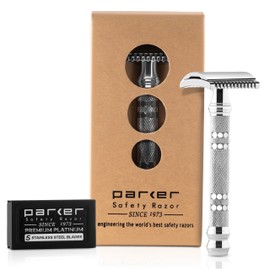 Parker Open Comb Double Edge Safety Razor – Heavyweight Chrome Handle for Closer Shaves – Includes 5 Razor Blades – Ideal for Men with Thick or Coarse Beards (24C-Chrome)
