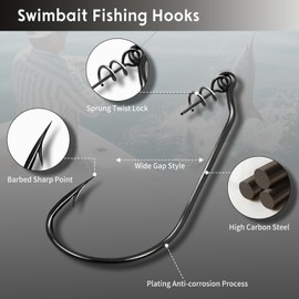 FishTrip Swimbait Hook, 25Pcs Twist-Lock Worm Hooks with Centering Pin Spring Weedless Hook for Soft Plastic Lures Baits Bass Fishing 2/0