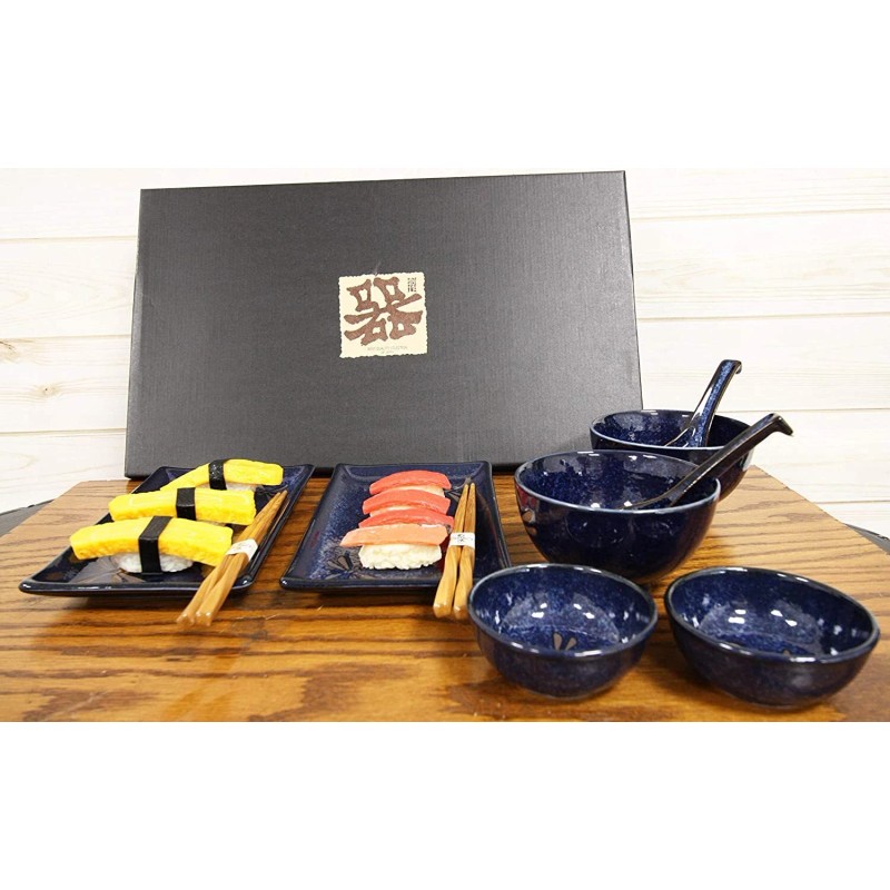 Japanese Pair Of Dragonfly Blue Motif Ceramic Sushi Dinnerware 10pc