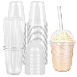 50 Sets Clear Plastic Cups with Dome Lids and Straws, 12 oz Disposable PET Cold Drink Cups, Crystal Clear To Go Cup for Iced Coffee Milkshake Smoothies Bubble Boba Holiday Party