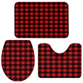 3 Pieces Bathroom Rugs and Mats Sets, Non Slip Water Absorbent Bath Rug, Toilet Seat/Lid Cover, U-Shaped Toilet Mat, Home Decor Doormats - Red Black Buffalo