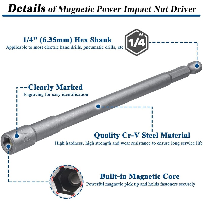 6Pcs Magnetic Power Impact Nut Driver Set,150mm 1/4 Inch Hex
