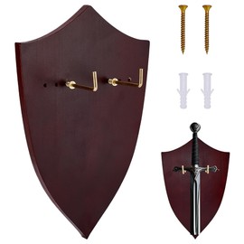 FINGERINSPIRE Shield Shape Wall Mount Wooden Sword Holder 10.12x6.49inch Medieval Tribal Sword Display Plaque with Metal Hooks, Coconut Brown Wooden Swords Rack for Home Decoration Collection