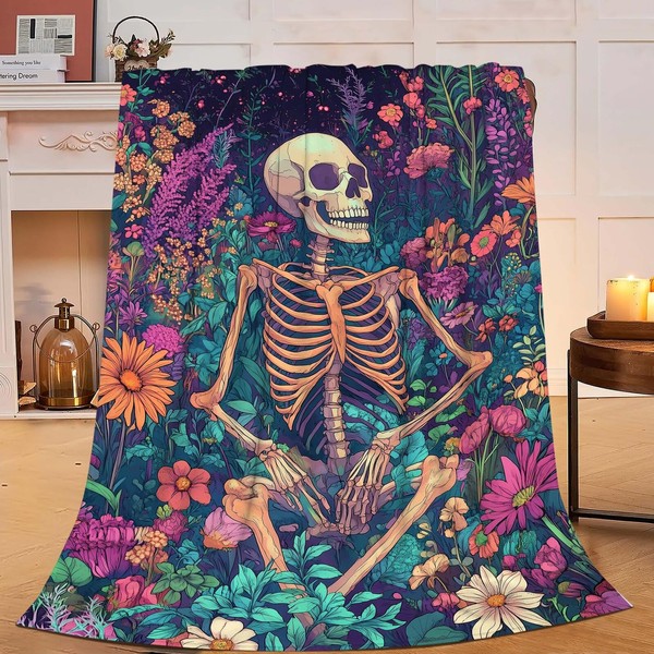 Skull Throw Blanket Skeleton Flower Gifts for Kids Girls Boys