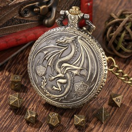 Mini DND Dice Set with Steampunk Winged Flying Dragon Pocket Watch Shell Case, 7pcs Polyhedral Metal Dice Set, DND Starter Set, D&D Gifts with Gift Box, Role Playing Board Game Accessories, Bronze ﻿