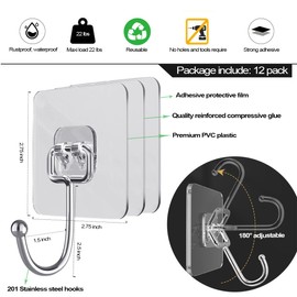 Large Adhesive Hooks for Hanging Heavy-Duty 32lb(Max) 12 Pack, Wall Hangers without Nails Self-Adhesive Clear and Removable, Waterproof and Stainless Steel Multiple Uses for Bathroom Kitchen Home