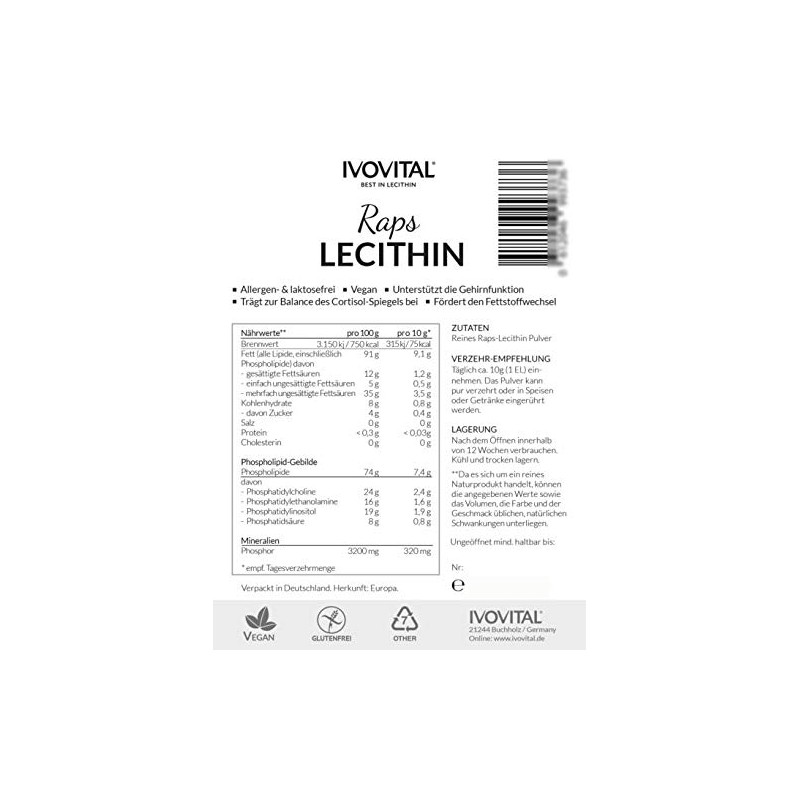 Canola Lecithin powder, IVOVITAL®, non-gmo and soy free (300g)