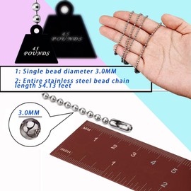 Ball Bead Chain, 55ft Stainless Steel Ball Chain, Necklace Chain Ball Bead, Bead Chain Bulk with 100 pcs Ball Chain connectors Clasps for Necklace Hanging, Dog tag, DIY Crafts, 3.0mm Diameter