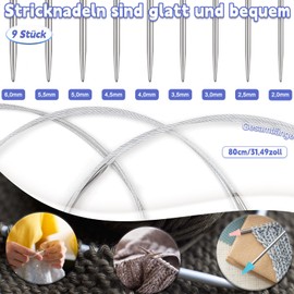 Katech Set of 9 Fixed Circular Knitting Needles 80 cm, Knitting Needles Circular Knitting Needles 2.0-6.0 mm Stainless Steel Circular Knitting Needles Set, Knitting Needles Easy to Knit