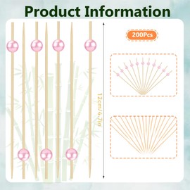 200PCS Cocktail Picks, Pink Pearl Decorative Toothpicks for Appetizers Drinks Fruit Food, 4.7 Inch Long Fancy Bamboo Skewers Wooden Charcuterie Sticks for Wedding Decor Party Supplies Bridal Shower